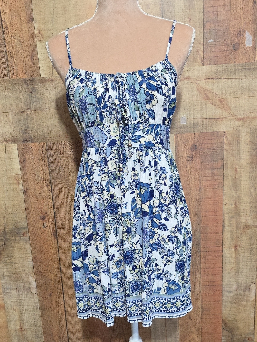 Angie Blue and White Floral Spaghetti-Strap Mini Dress